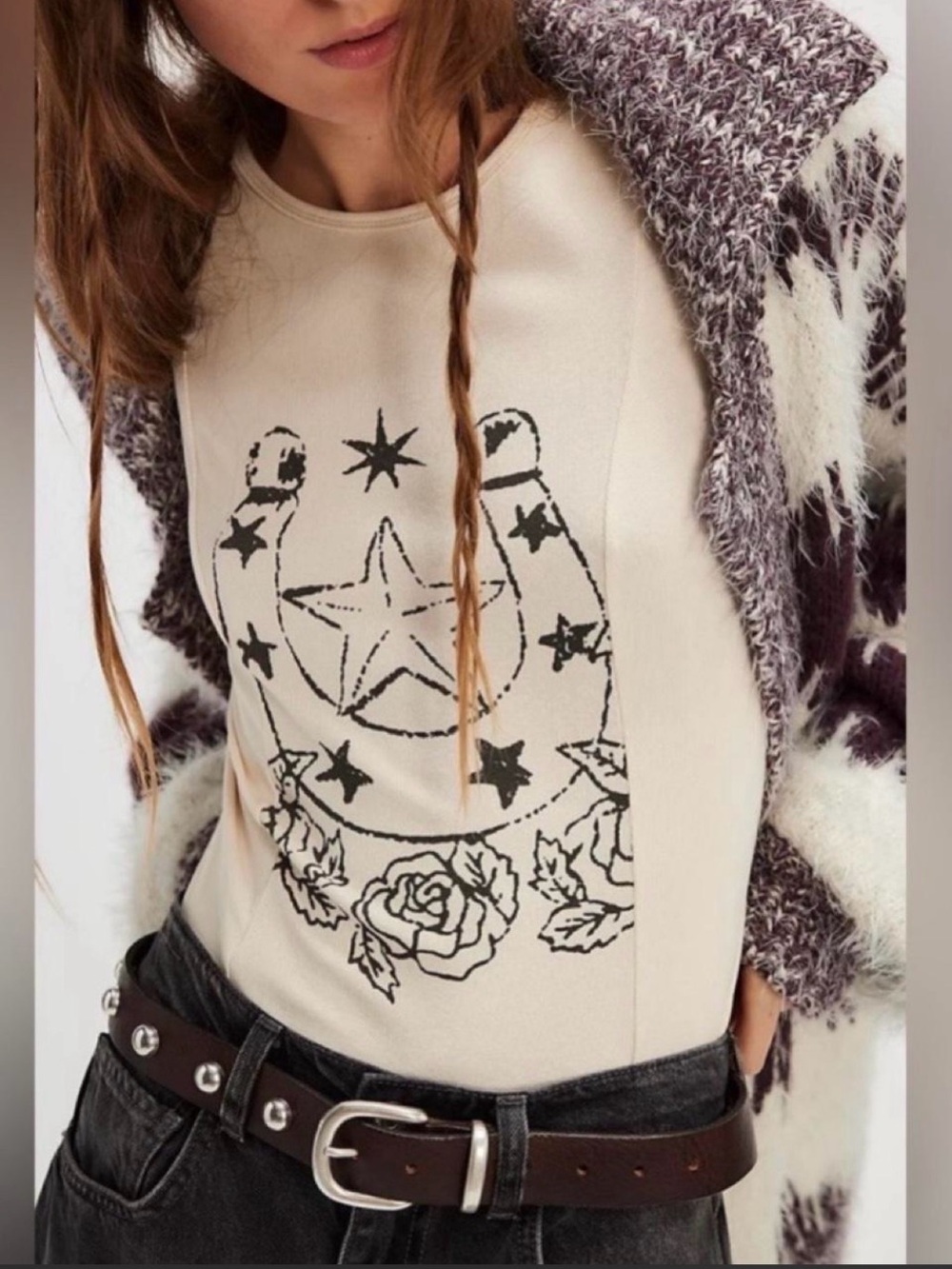 Free People Cream Graphic Star & Rose Bodysuit